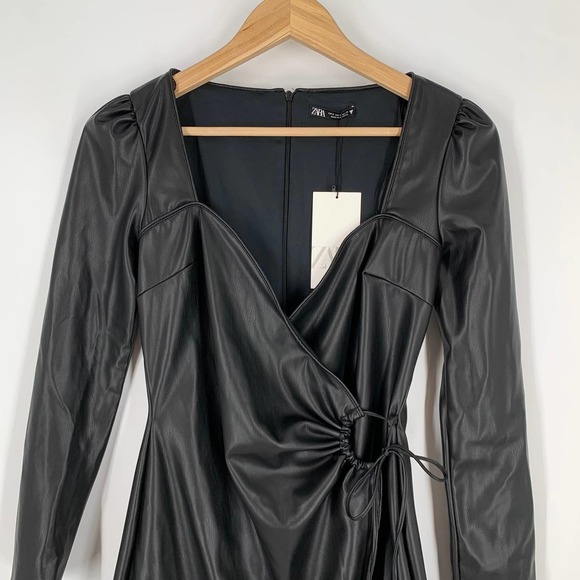 ZARA Faux Leather Wrap Sweetheart Long Sleeve Dress in Black - Picture 10 of 13